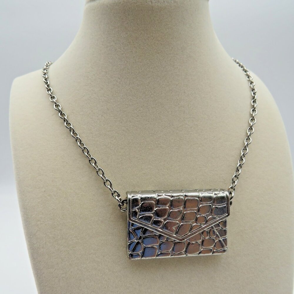 Vintage‎ Silver Tone Locket Purse Necklace Long Chain Faux Alligator Clutch 34"